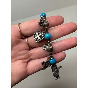 Religious Charm Bracelet Silver Tone Turquoise Beads Crosses Prayer Box
